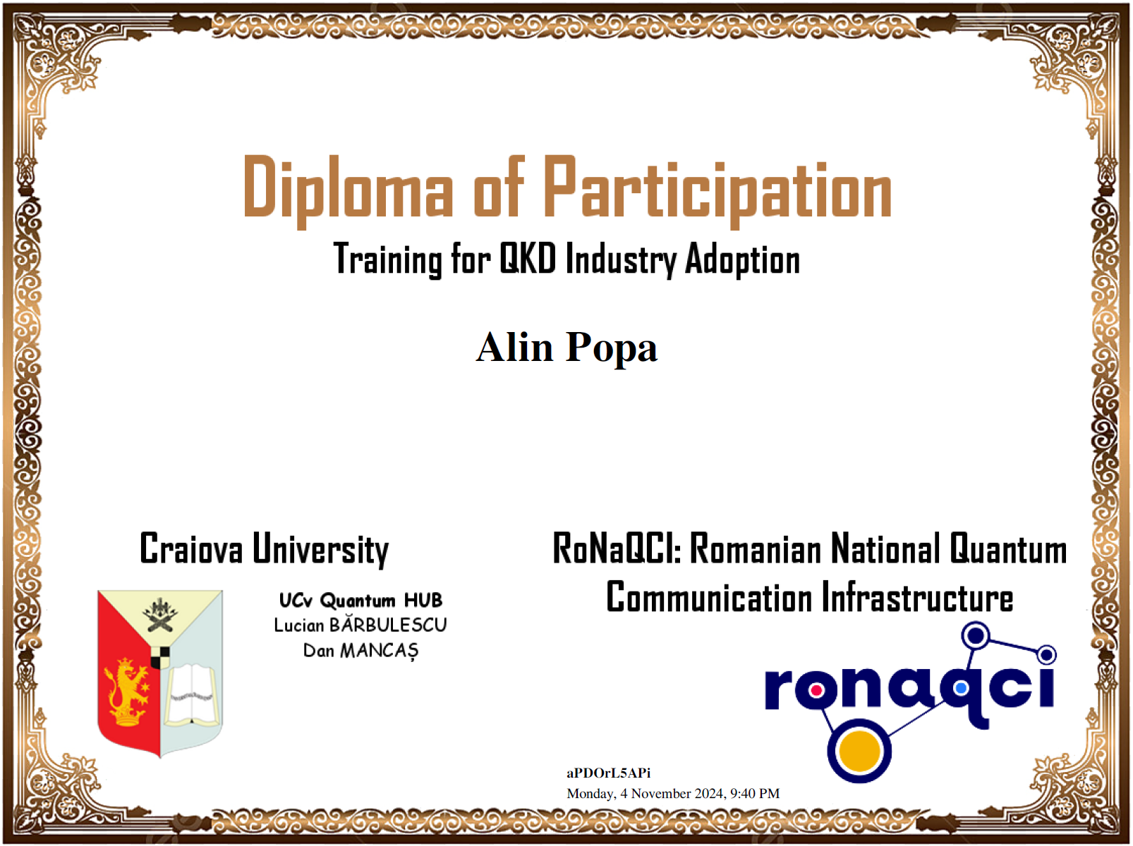 RoNaQCI 3nd Training, October 31 - November 1, 2024, Craiova